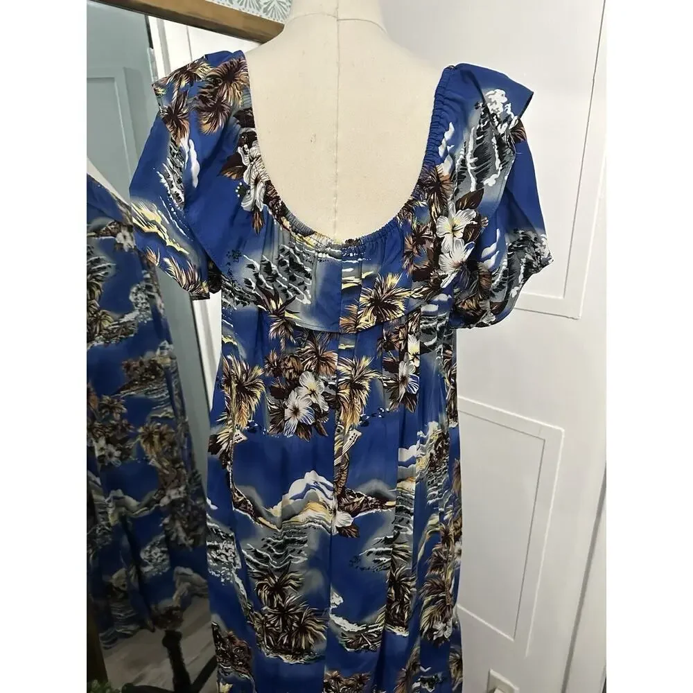 VINTAGE Hilo Hattie Women Dress Large Blue Floral Hawaiian Maxi Made in Hawaii - Picture 8 of 10